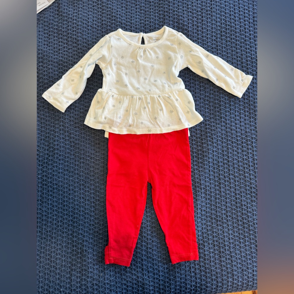 Carter's White Skirted Bodysuit with Silver Snowflakes and Red Bow Pants